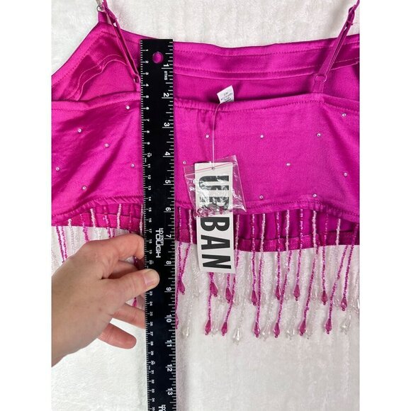 Urban Outfitters Milina Fuchsia Satin Fringe Beaded Crop Top Rhinestone Straps - Picture 13 of 14